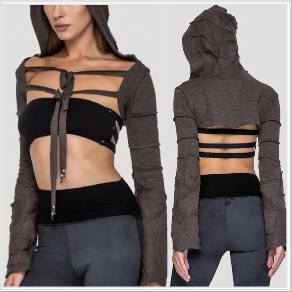 psylo Sweaters - Psylo Pecoa Hooded Shrug Bolero Patchwork Grunge Apocalyptic Steampunk Rave M L